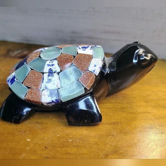Vintage Obsidian Mosaic Multi-Stone Turtle Figure - Picture 4 of 10